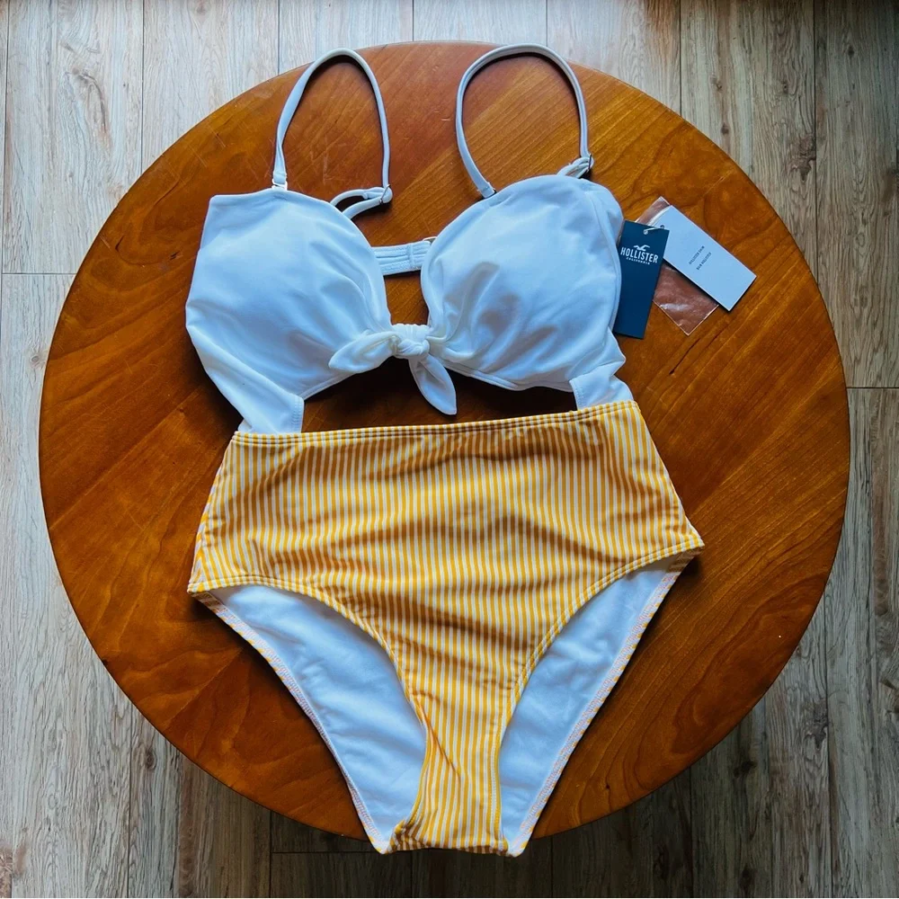 NWT Hollister Yellow and White One Piece High Rise Cut-Out Swimsuit Sz M